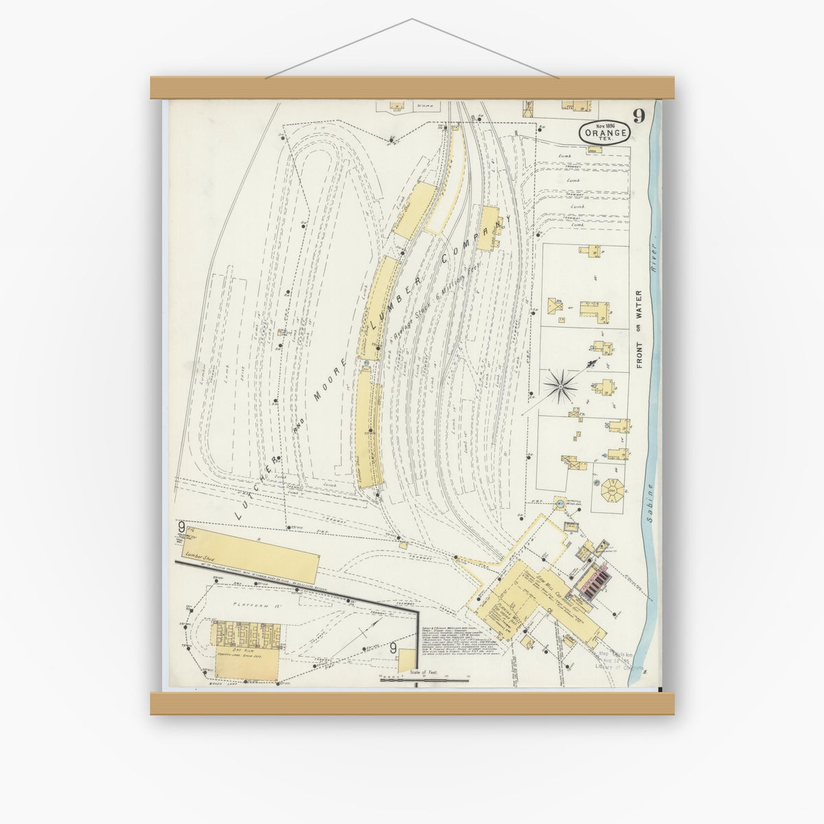 Old map wall art mockup — magnetic wood frame on white wall — Sanborn Fire Insurance Map from Orange, Orange County, Texas (1896), Sheet #0009