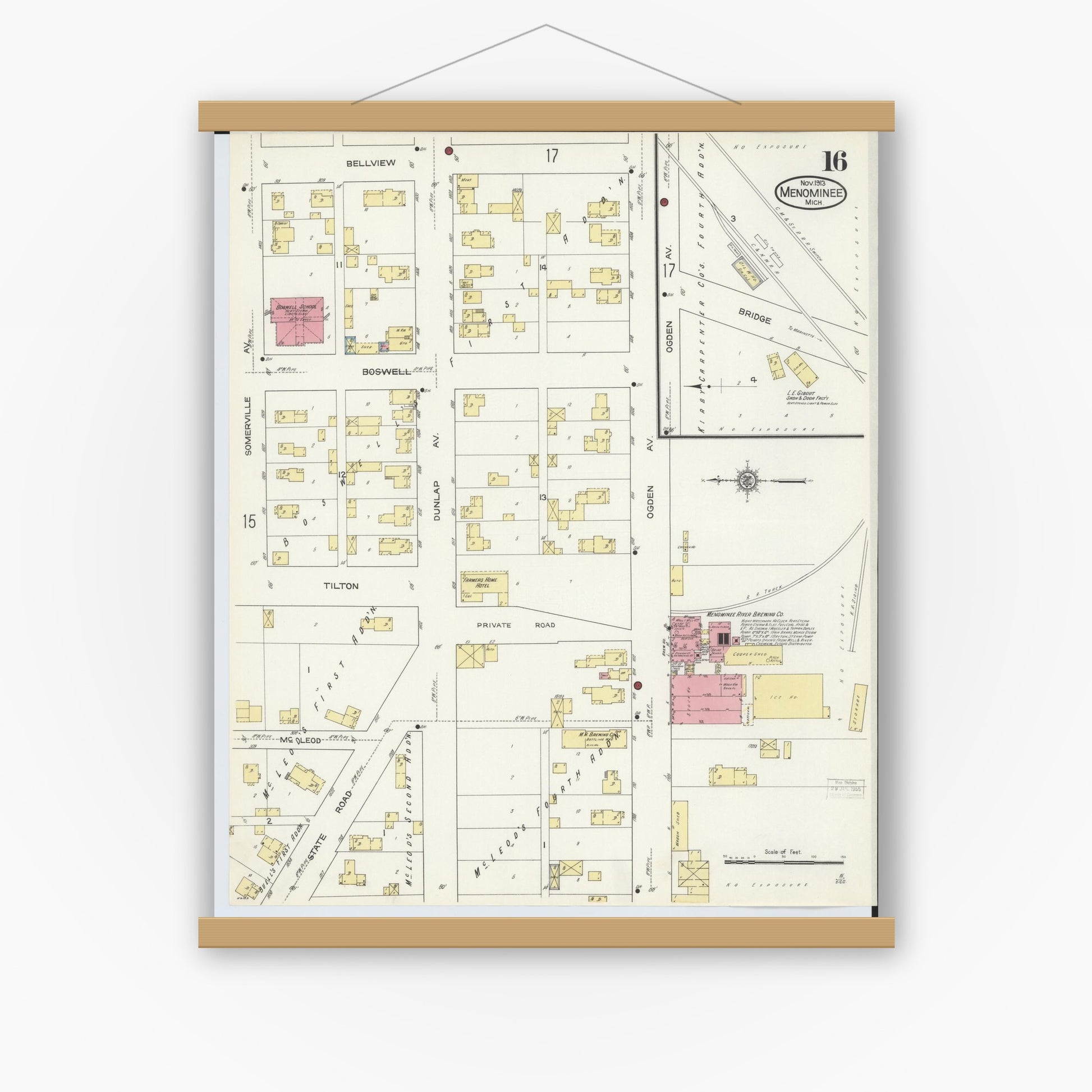Old map wall art mockup — magnetic wood frame on white wall — Sanborn Fire Insurance Map from Menominee, Menominee County, Michigan (1913), Sheet #0016