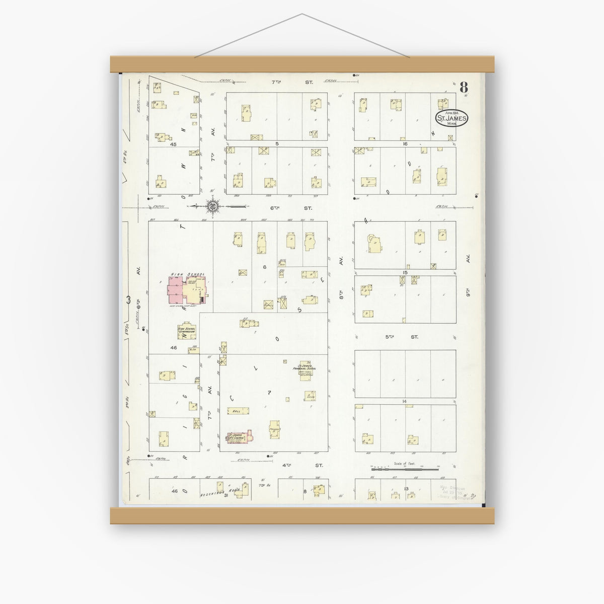 Old map wall art mockup — magnetic wood frame on white wall — Sanborn Fire Insurance Map from Saint James, Watonwan County, Minnesota (1914), Sheet #0008