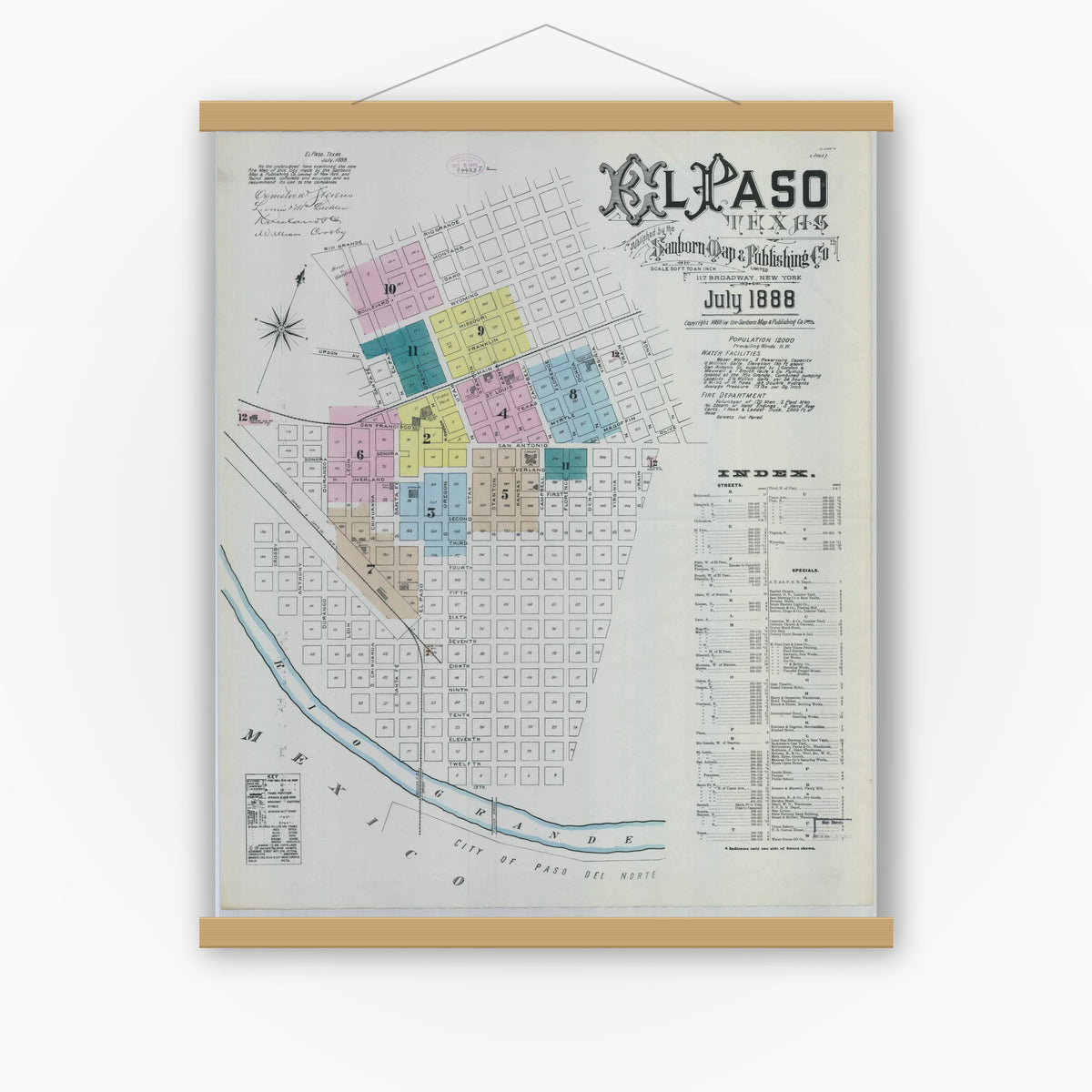 Old map wall art mockup — magnetic wood frame on white wall — Sanborn Fire Insurance Map from El Paso, El Paso County, Texas (1888), Sheet #0001