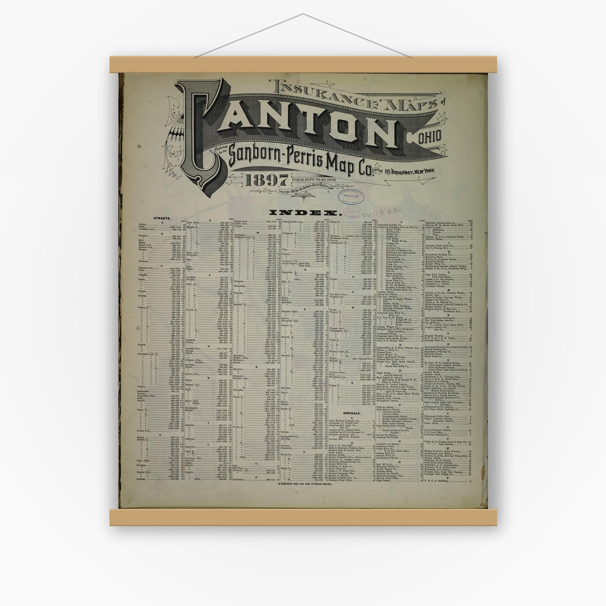 Old map wall art mockup — magnetic wood frame on white wall — Sanborn Fire Insurance Map from Canton, Stark County, Ohio (1897), Sheet #0001