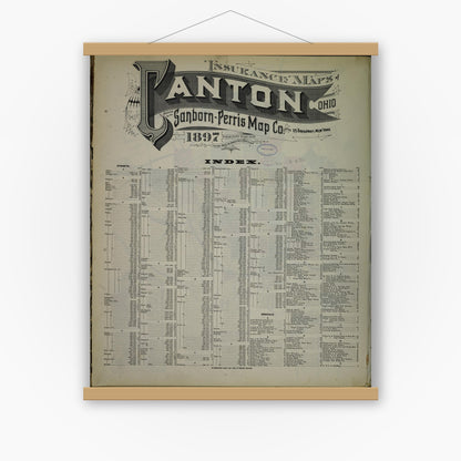 Old map wall art mockup — magnetic wood frame on white wall — Sanborn Fire Insurance Map from Canton, Stark County, Ohio (1897), Sheet #0001