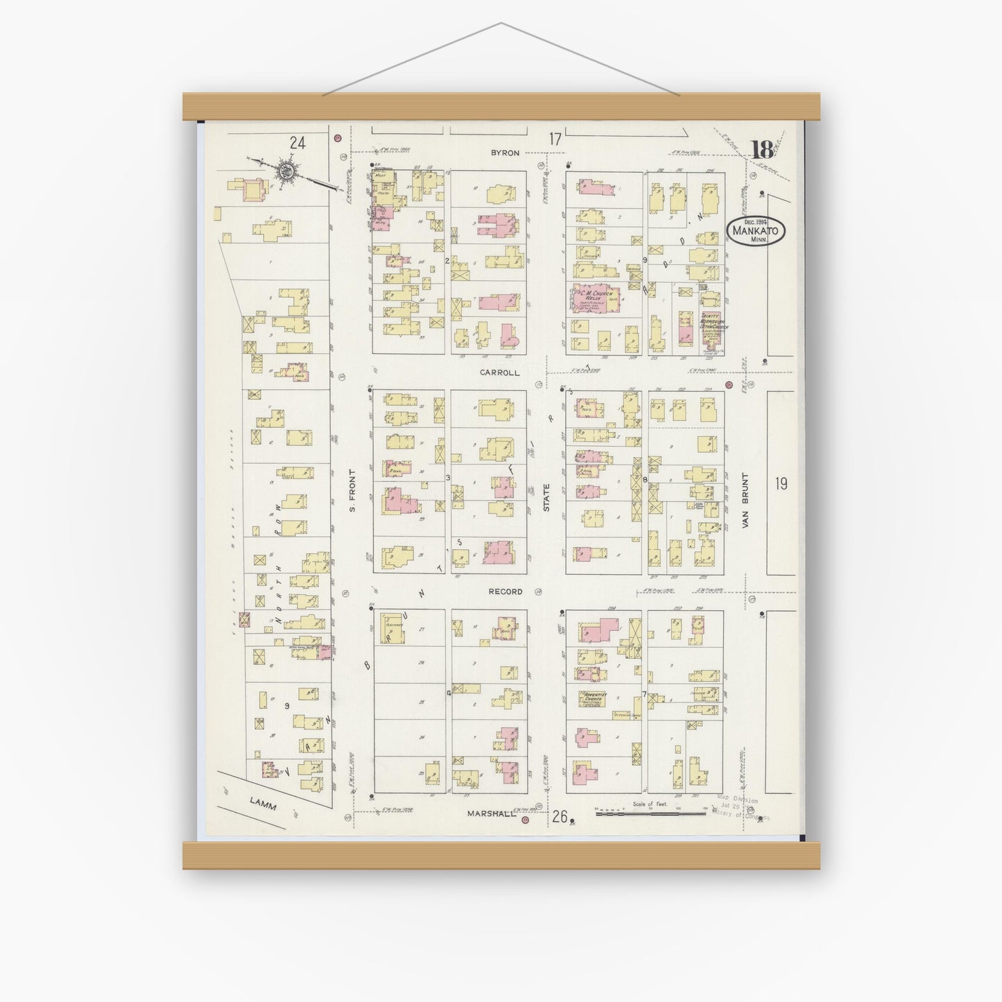 Old map wall art mockup — magnetic wood frame on white wall — Sanborn Fire Insurance Map from Mankato, Blue Earth County, Minnesota (1914), Sheet #0018