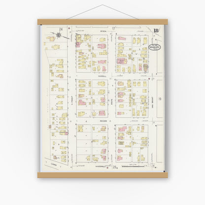Old map wall art mockup — magnetic wood frame on white wall — Sanborn Fire Insurance Map from Mankato, Blue Earth County, Minnesota (1914), Sheet #0018