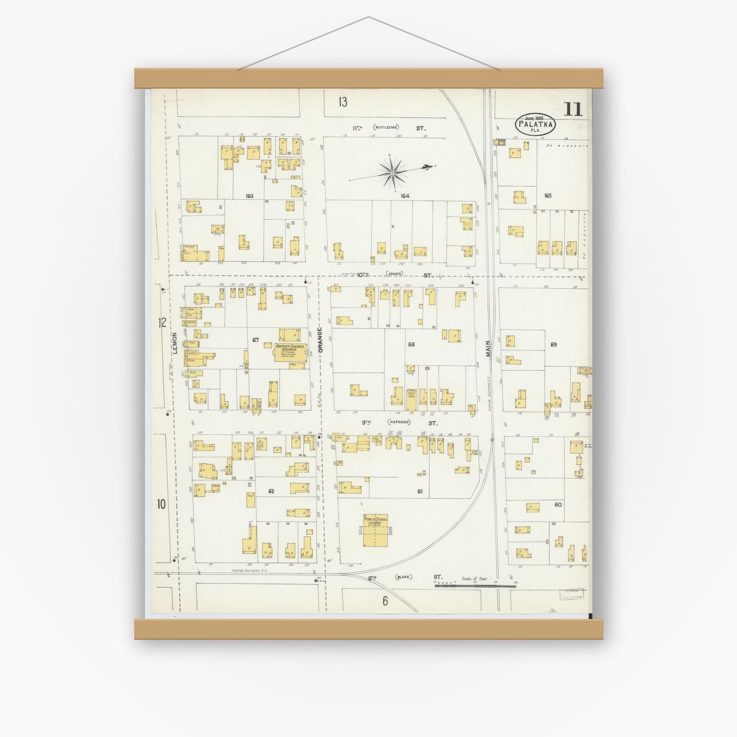 Old map wall art mockup — magnetic wood frame on white wall — Sanborn Fire Insurance Map from Palatka, Putnam County, Florida (1903), Sheet #0011