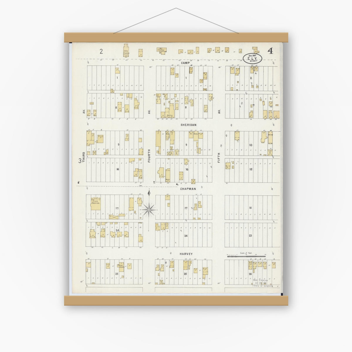 Old map wall art mockup — magnetic wood frame on white wall — Sanborn Fire Insurance Map from Ely, Saint Louis County, Minnesota (1897), Sheet #0004