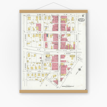 Old map wall art mockup — magnetic wood frame on white wall — Sanborn Fire Insurance Map from Bicknell, Knox County, Indiana (1921), Sheet #0008