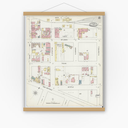Old map wall art mockup — magnetic wood frame on white wall — Sanborn Fire Insurance Map from El Paso, El Paso County, Texas (1893), Sheet #0008
