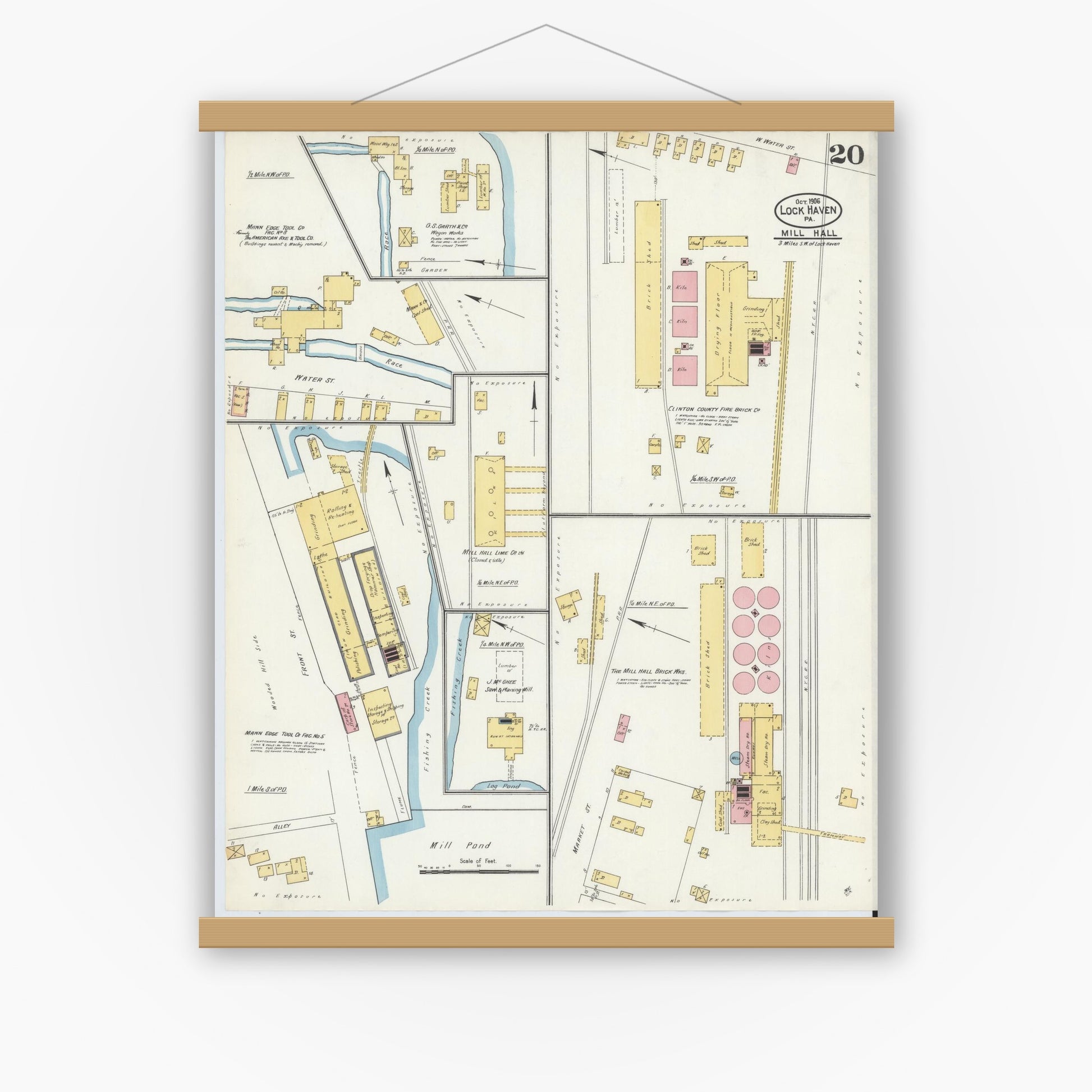 Old map wall art mockup — magnetic wood frame on white wall — Sanborn Fire Insurance Map from Lock Haven, Clinton County, Pennsylvania (1906), Sheet #0020