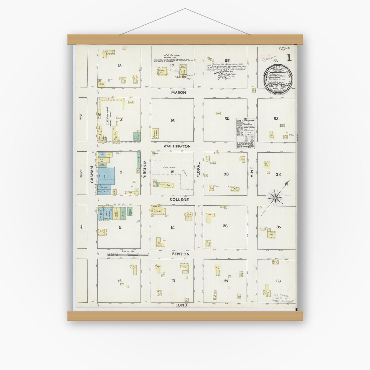 Old map wall art mockup — magnetic wood frame on white wall — Sanborn Fire Insurance Map from Stephenville, Erath County, Texas (1891) - Complete Map Set