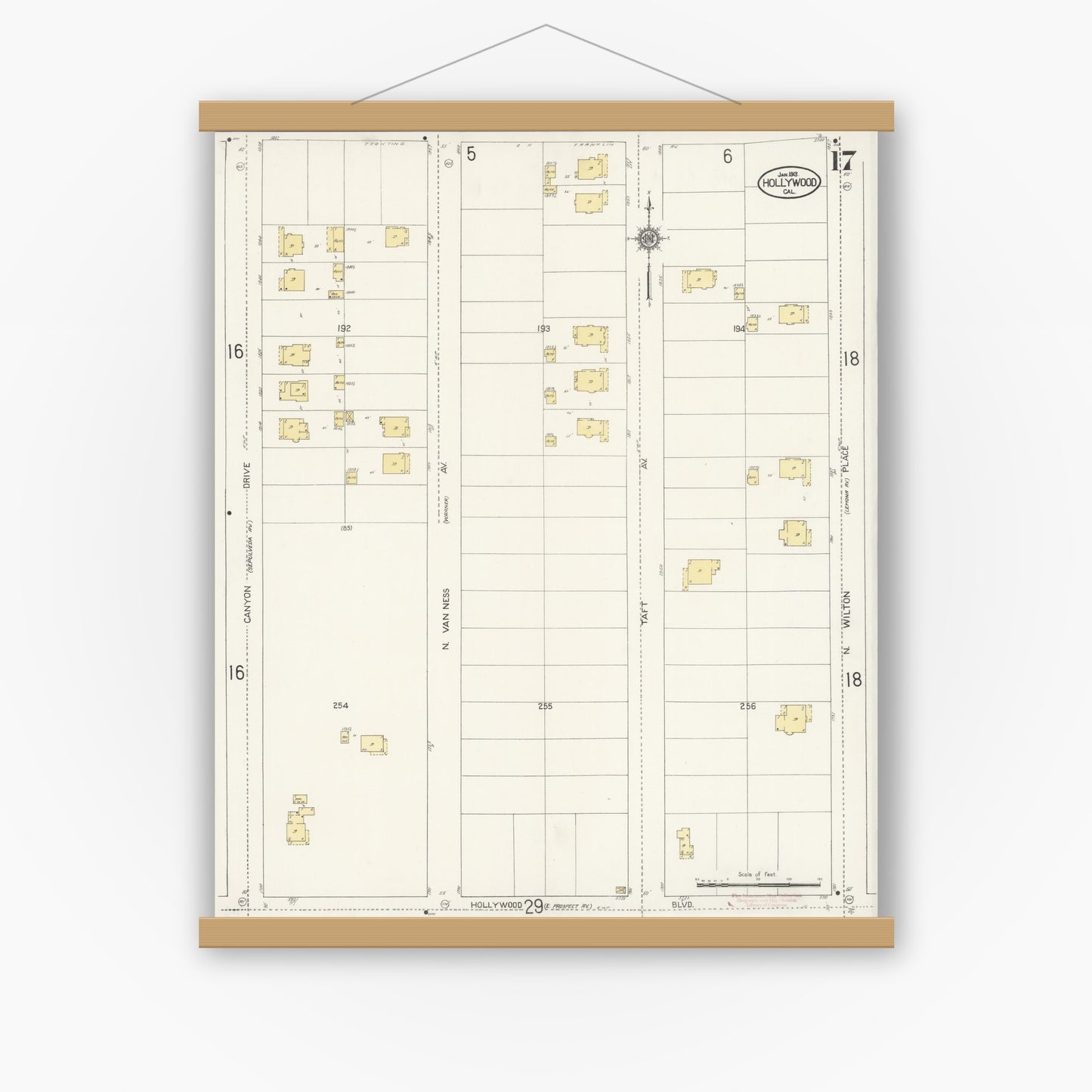 Old map wall art mockup — magnetic wood frame on white wall — Sanborn Fire Insurance Map from Hollywood, Los Angeles County, California (1913), Sheet #0017