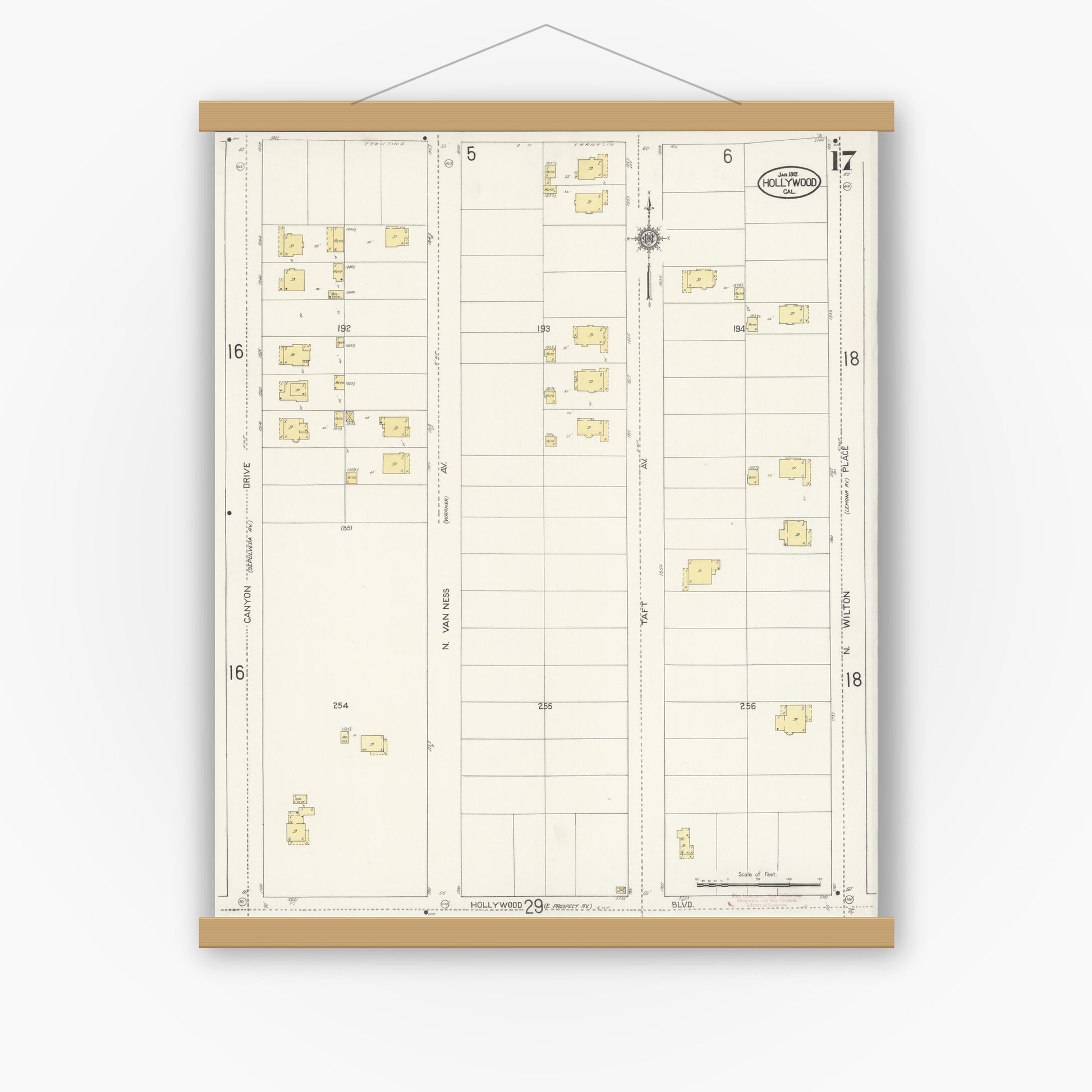 Old map wall art mockup — magnetic wood frame on white wall — Sanborn Fire Insurance Map from Hollywood, Los Angeles County, California (1913), Sheet #0017