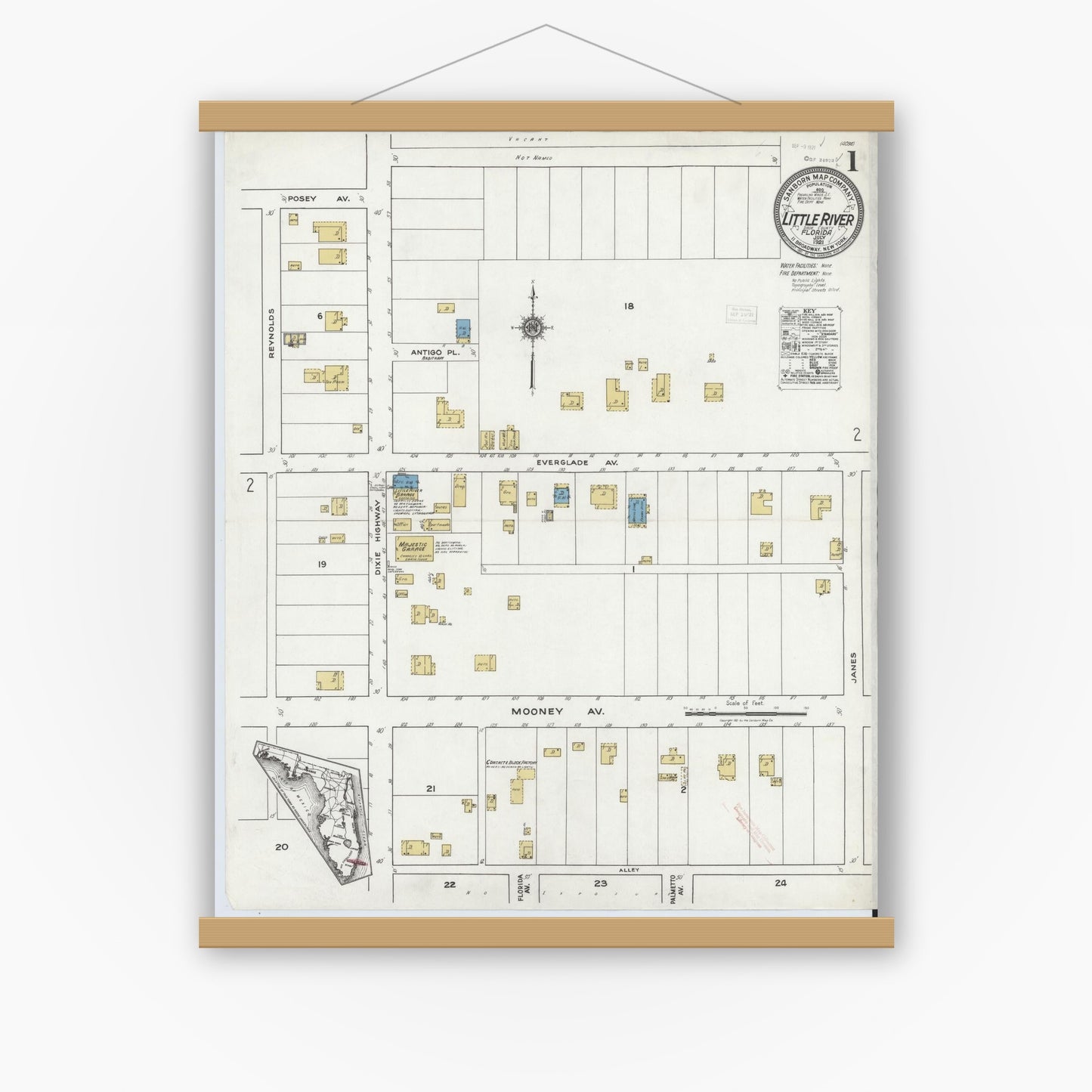 Old map wall art mockup — magnetic wood frame on white wall — Sanborn Fire Insurance Map from Little River, Dade County, Florida (1921) - Complete Map Set