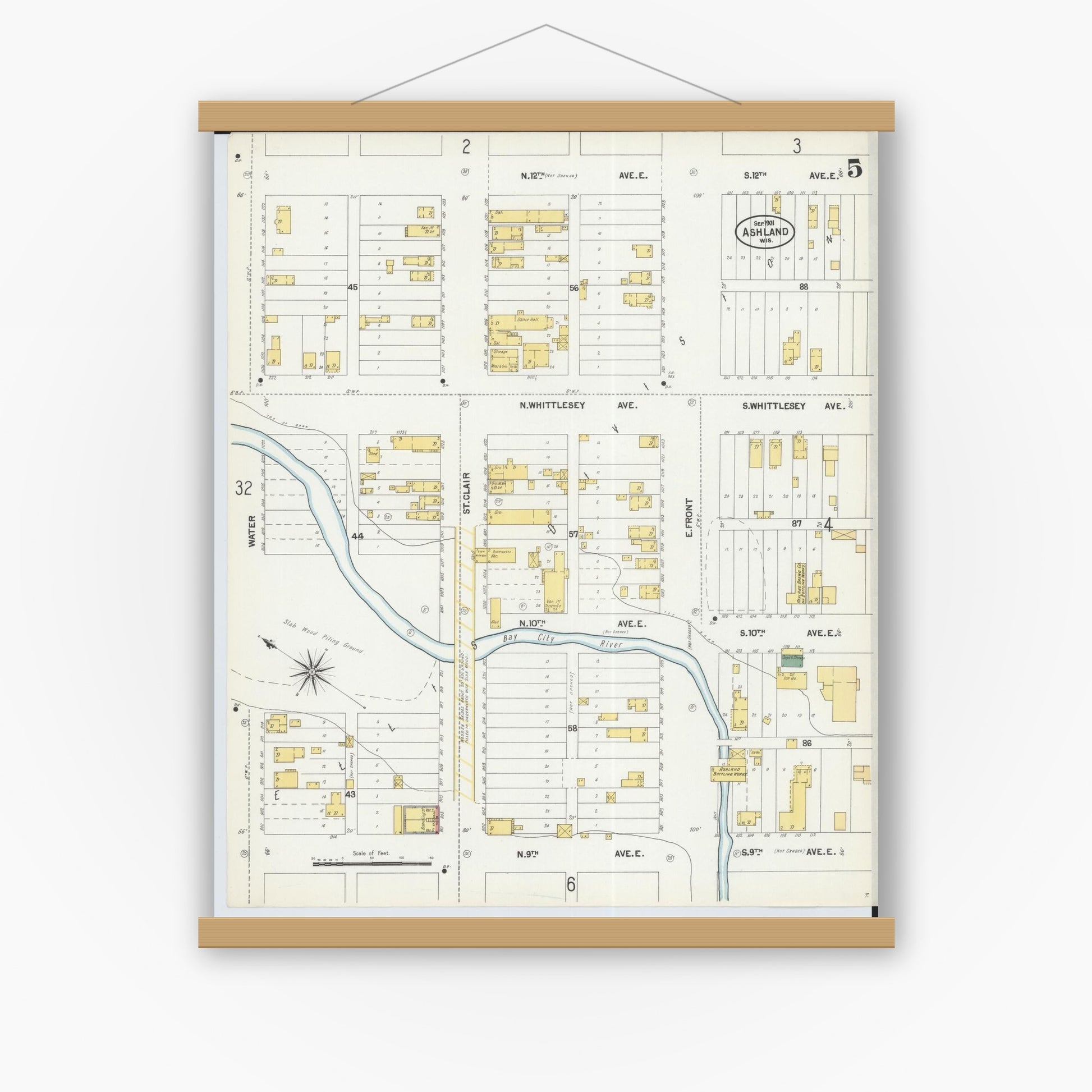 Old map wall art mockup — magnetic wood frame on white wall — Sanborn Fire Insurance Map from Ashland, Ashland County, Wisconsin (1901), Sheet #0005