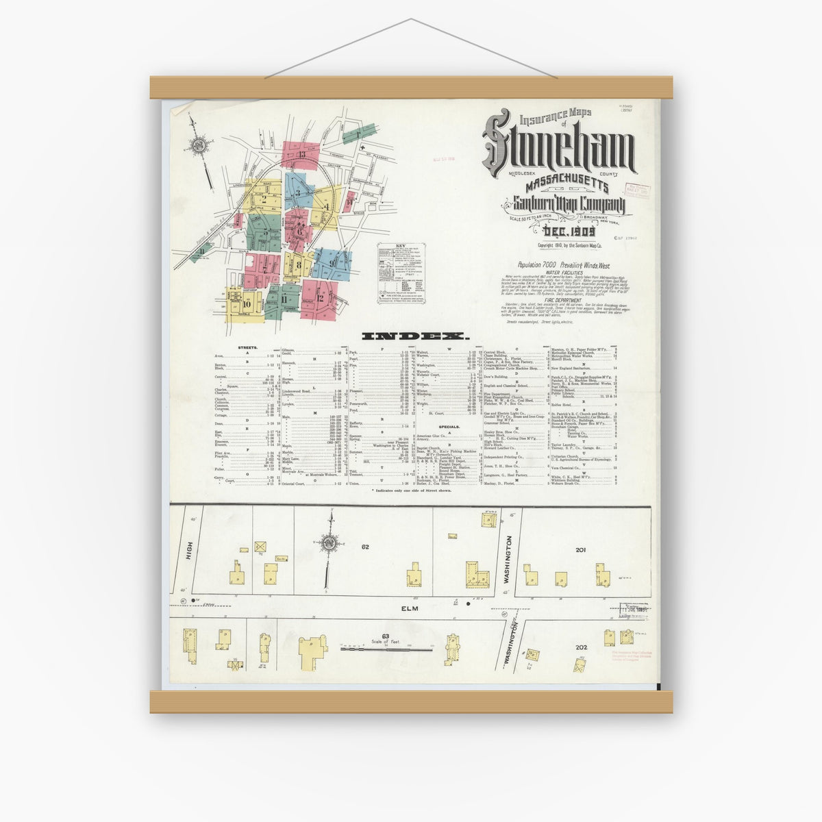 Old map wall art mockup — magnetic wood frame on white wall — Sanborn Fire Insurance Map from Stoneham, Middlesex County, Massachusetts (1909) - Complete Map Set