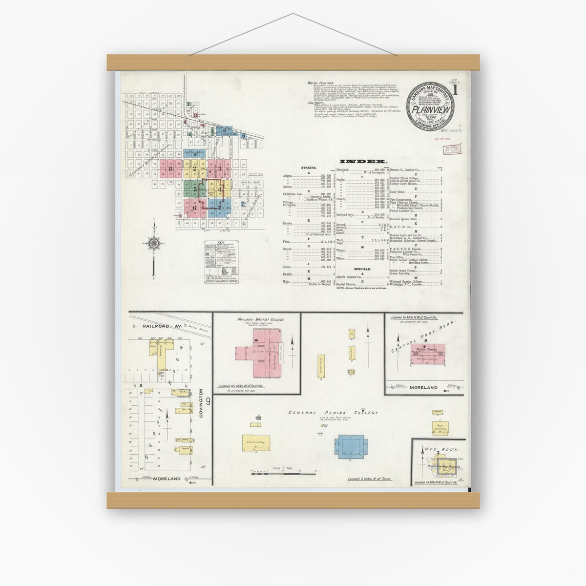 Old map wall art mockup — magnetic wood frame on white wall — Sanborn Fire Insurance Map from Plainview, Hale County, Texas (1910) - Complete Map Set