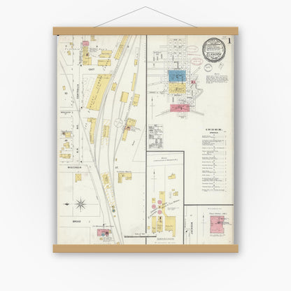 Old map wall art mockup — magnetic wood frame on white wall — Sanborn Fire Insurance Map from Elkhorn, Walworth County, Wisconsin (1898) - Complete Map Set