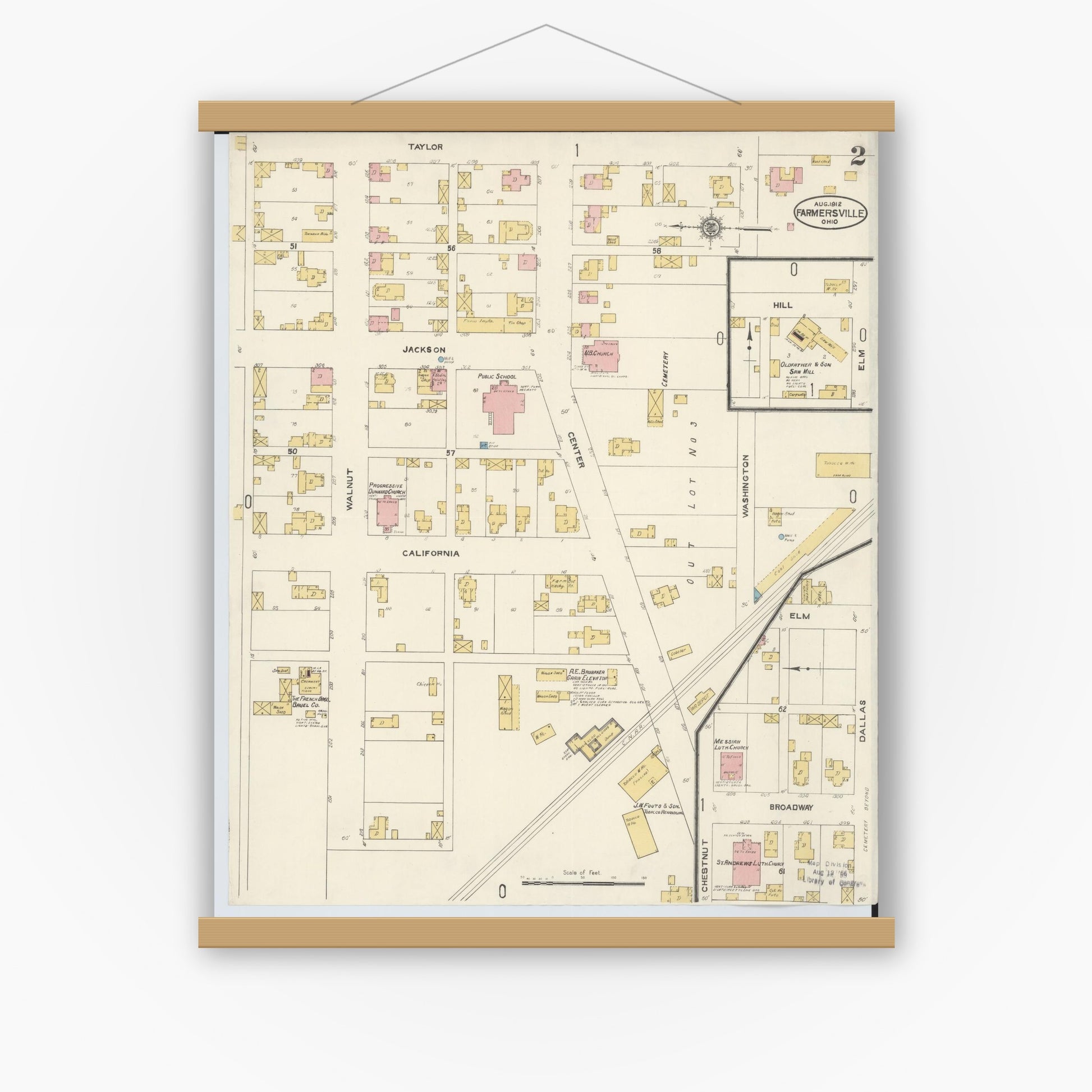 Old map wall art mockup — magnetic wood frame on white wall — Sanborn Fire Insurance Map from Farmersville, Montogomery County, Ohio (1912), Sheet #0002