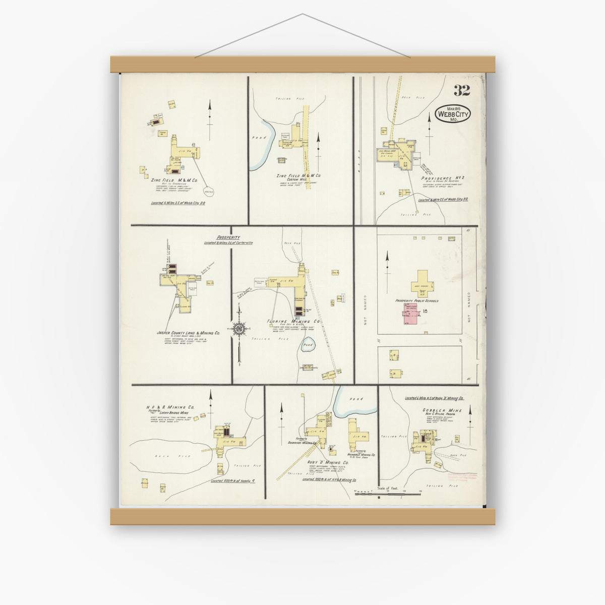 Old map wall art mockup — magnetic wood frame on white wall — Sanborn Fire Insurance Map from Webb City, Jasper County, Missouri (1915), Sheet #0032
