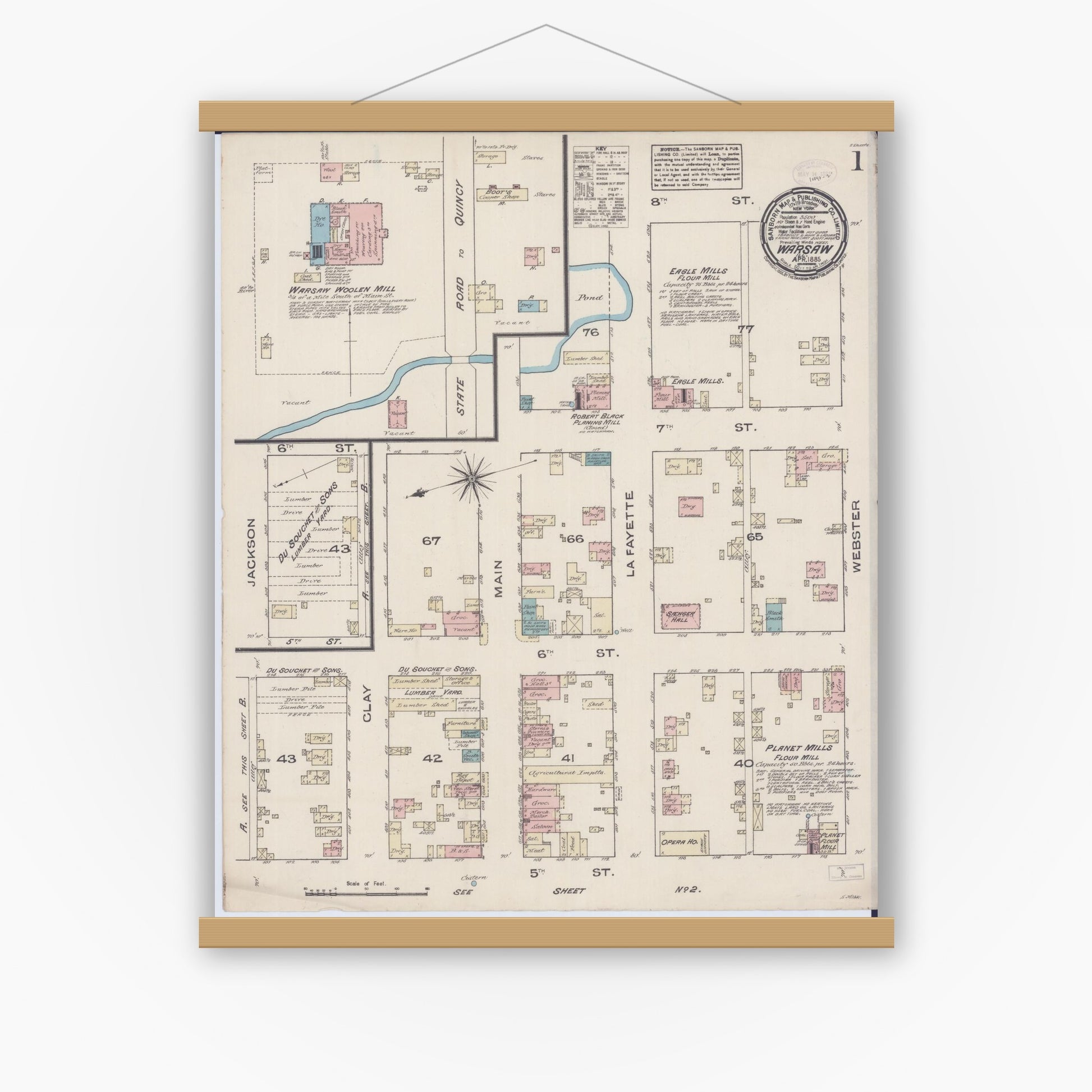 Old map wall art mockup — magnetic wood frame on white wall — Sanborn Fire Insurance Map from Warsaw, Hancock County, Illinois (1885), Sheet #0001