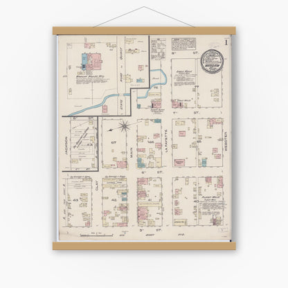 Old map wall art mockup — magnetic wood frame on white wall — Sanborn Fire Insurance Map from Warsaw, Hancock County, Illinois (1885), Sheet #0001