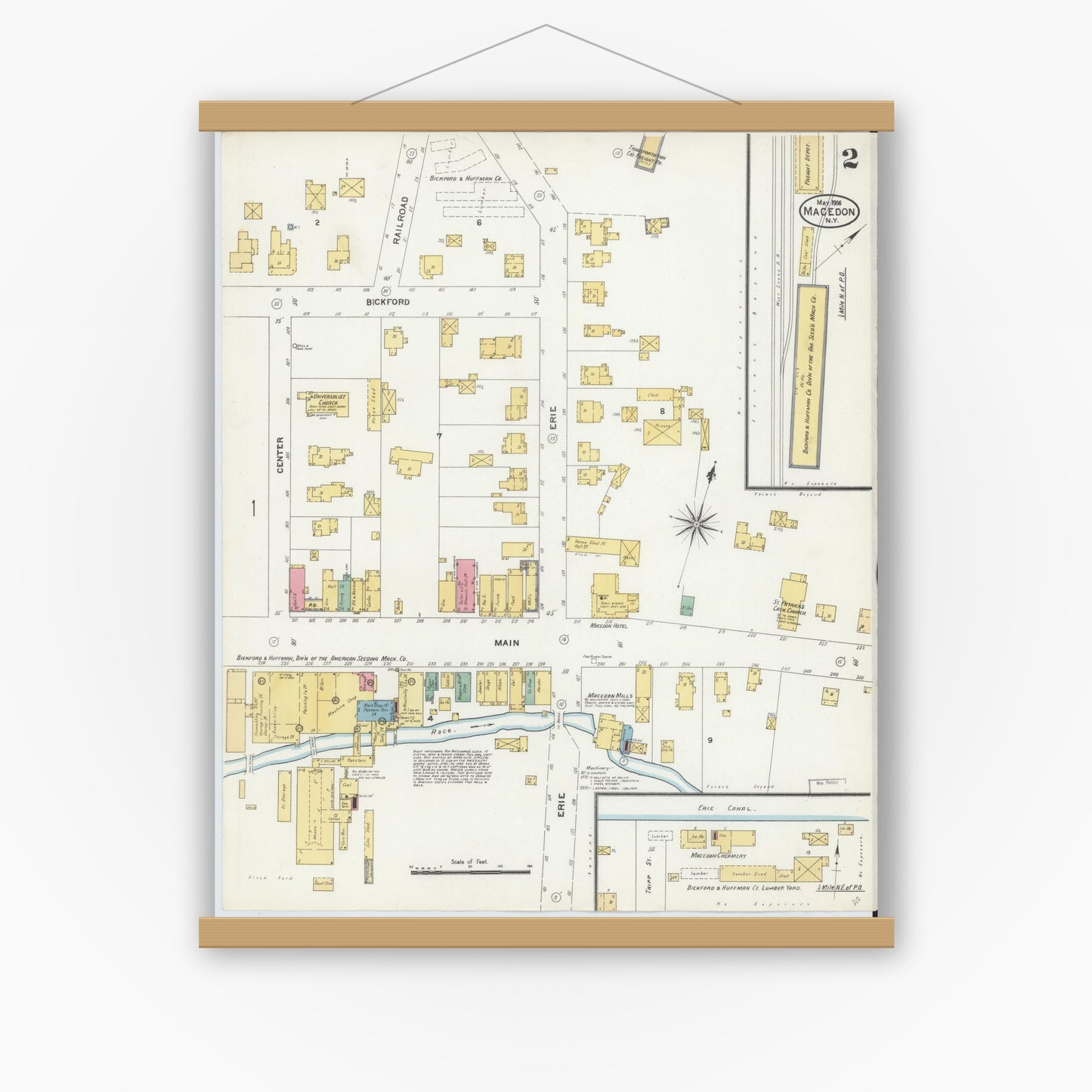 Old map wall art mockup — magnetic wood frame on white wall — Sanborn Fire Insurance Map from Macedon, Wayne County, New York (1906), Sheet #0002