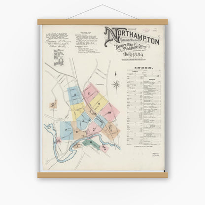 Old map wall art mockup — magnetic wood frame on white wall — Sanborn Fire Insurance Map from Northampton, Hampshire County, Massachusetts (1889) - Complete Map Set