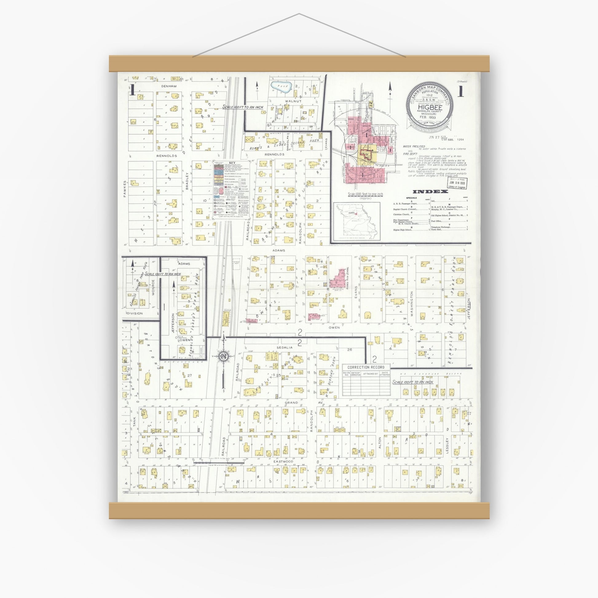 Old map wall art mockup — magnetic wood frame on white wall — Sanborn Fire Insurance Map from Higbee, Randolph County, Missouri (1933), Sheet #0001