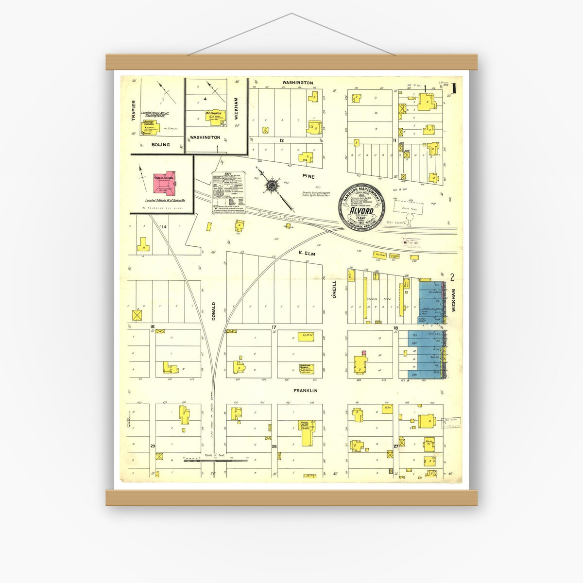Old map wall art mockup — magnetic wood frame on white wall — Sanborn Fire Insurance Map from Alvord, Wise County, Texas (1911), Sheet #0001