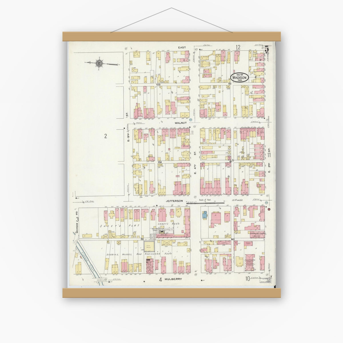 Old map wall art mockup — magnetic wood frame on white wall — Sanborn Fire Insurance Map from Madison, Jefferson County, Indiana (1911), Sheet #0005