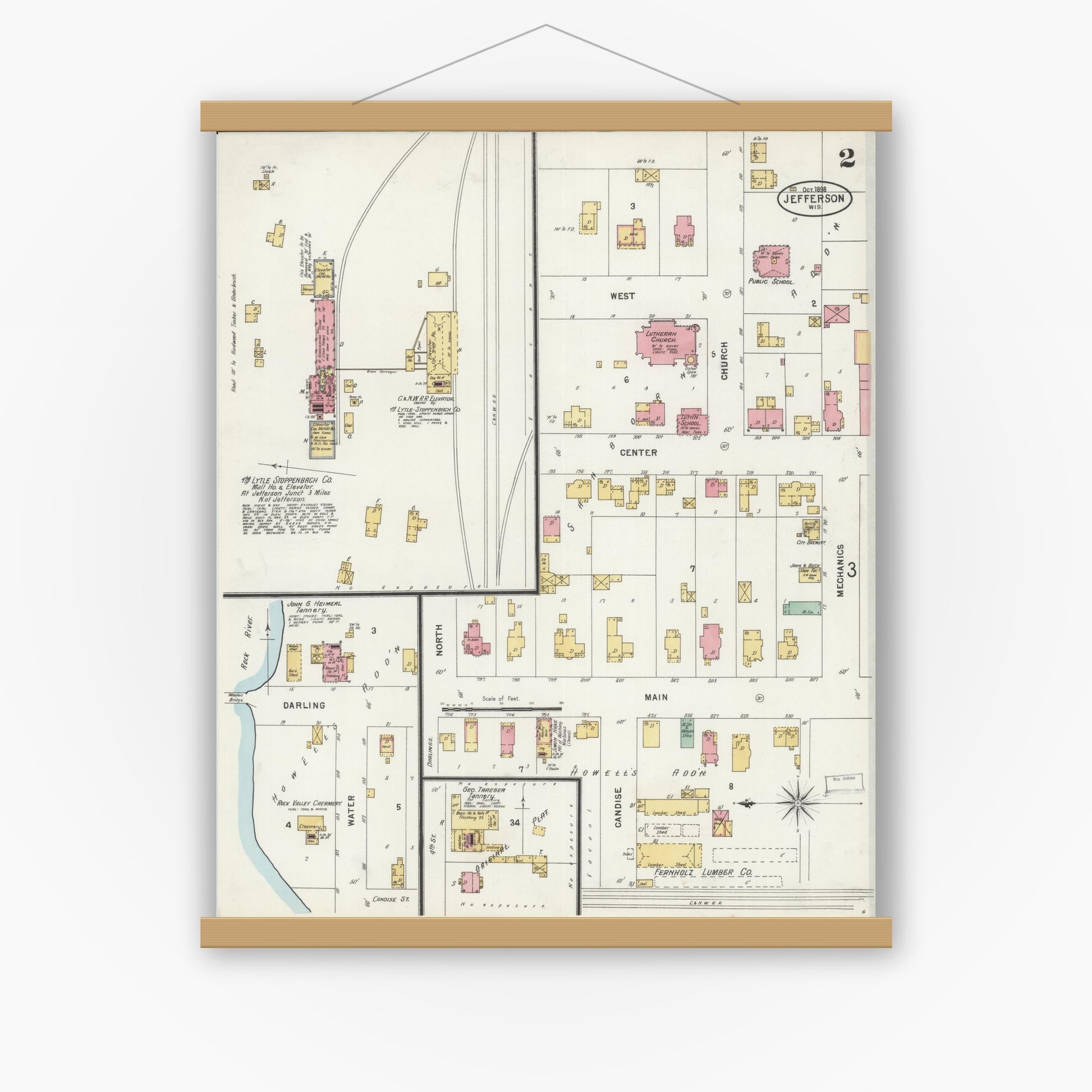 Old map wall art mockup — magnetic wood frame on white wall — Sanborn Fire Insurance Map from Jefferson, Jefferson County, Wisconsin (1898), Sheet #0002