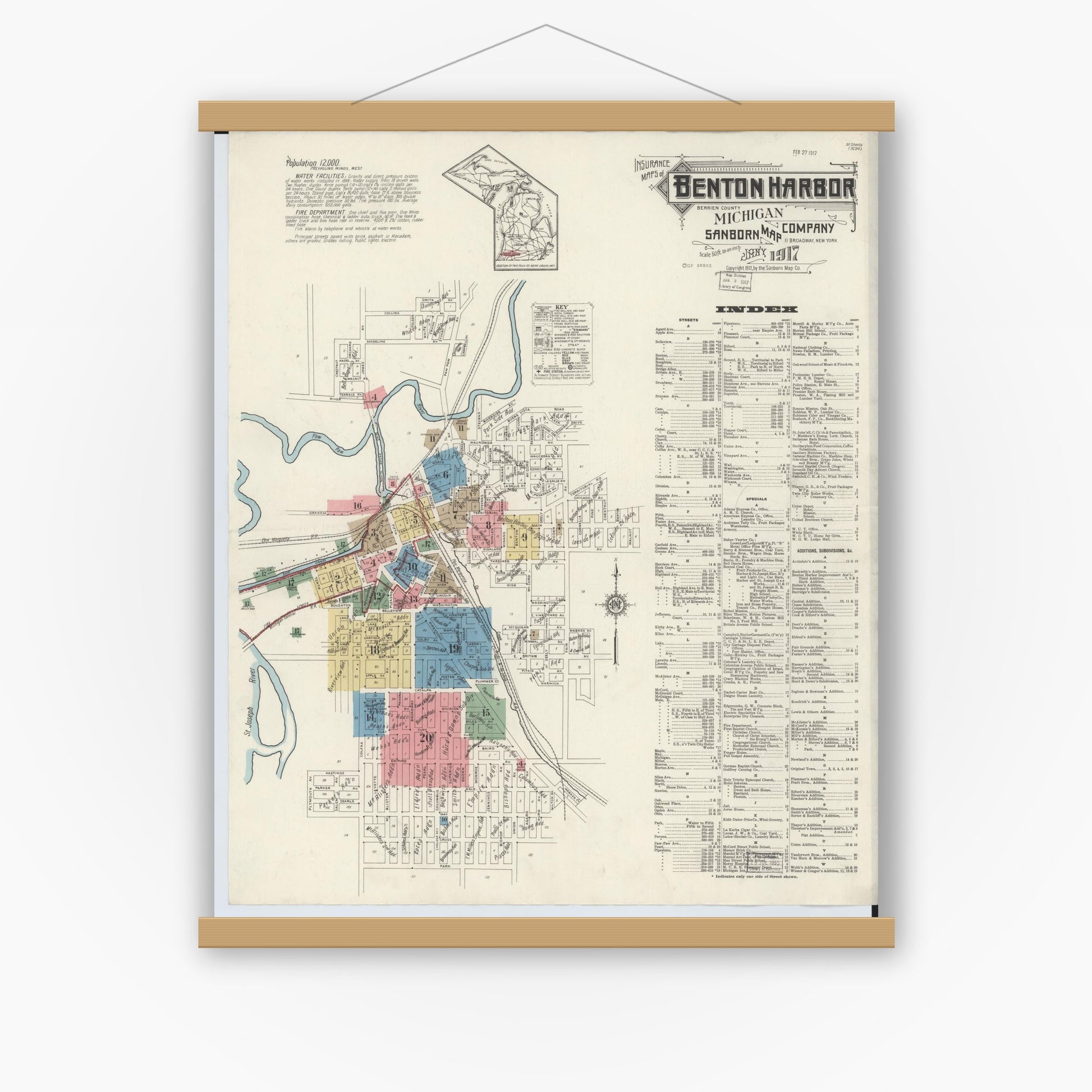 Old map wall art mockup — magnetic wood frame on white wall — Sanborn Fire Insurance Map from Benton Harbor, Berrien County, Michigan (1917) - Complete Map Set