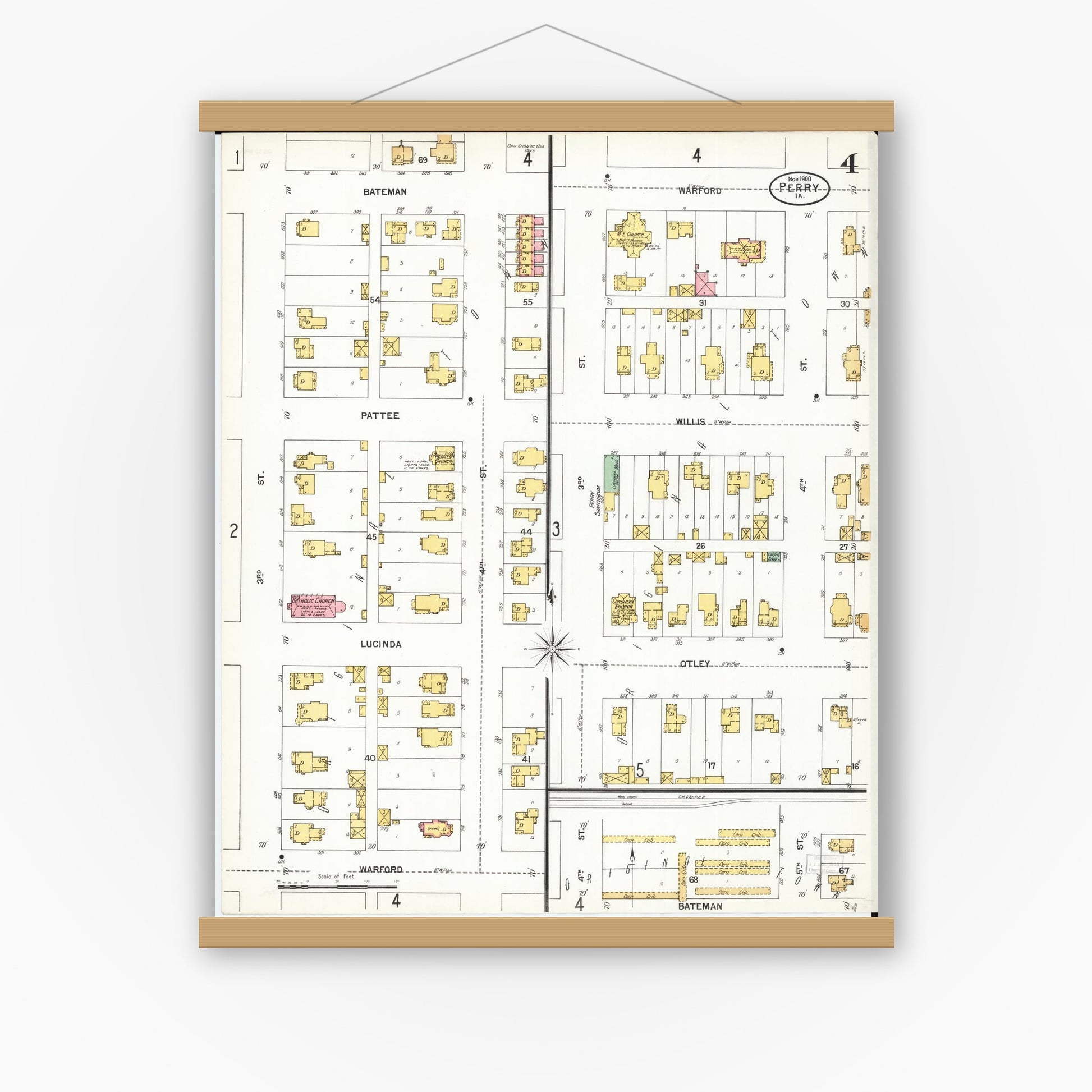 Old map wall art mockup — magnetic wood frame on white wall — Sanborn Fire Insurance Map from Perry, Dallas County, Iowa (1900), Sheet #0004