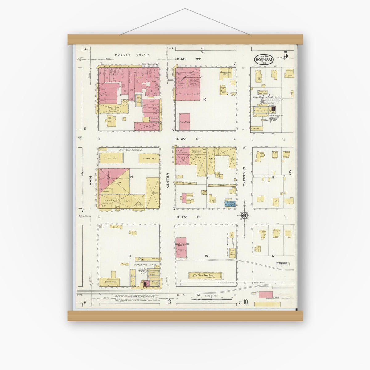 Old map wall art mockup — magnetic wood frame on white wall — Sanborn Fire Insurance Map from Bonham, Fannin County, Texas (1917), Sheet #0005