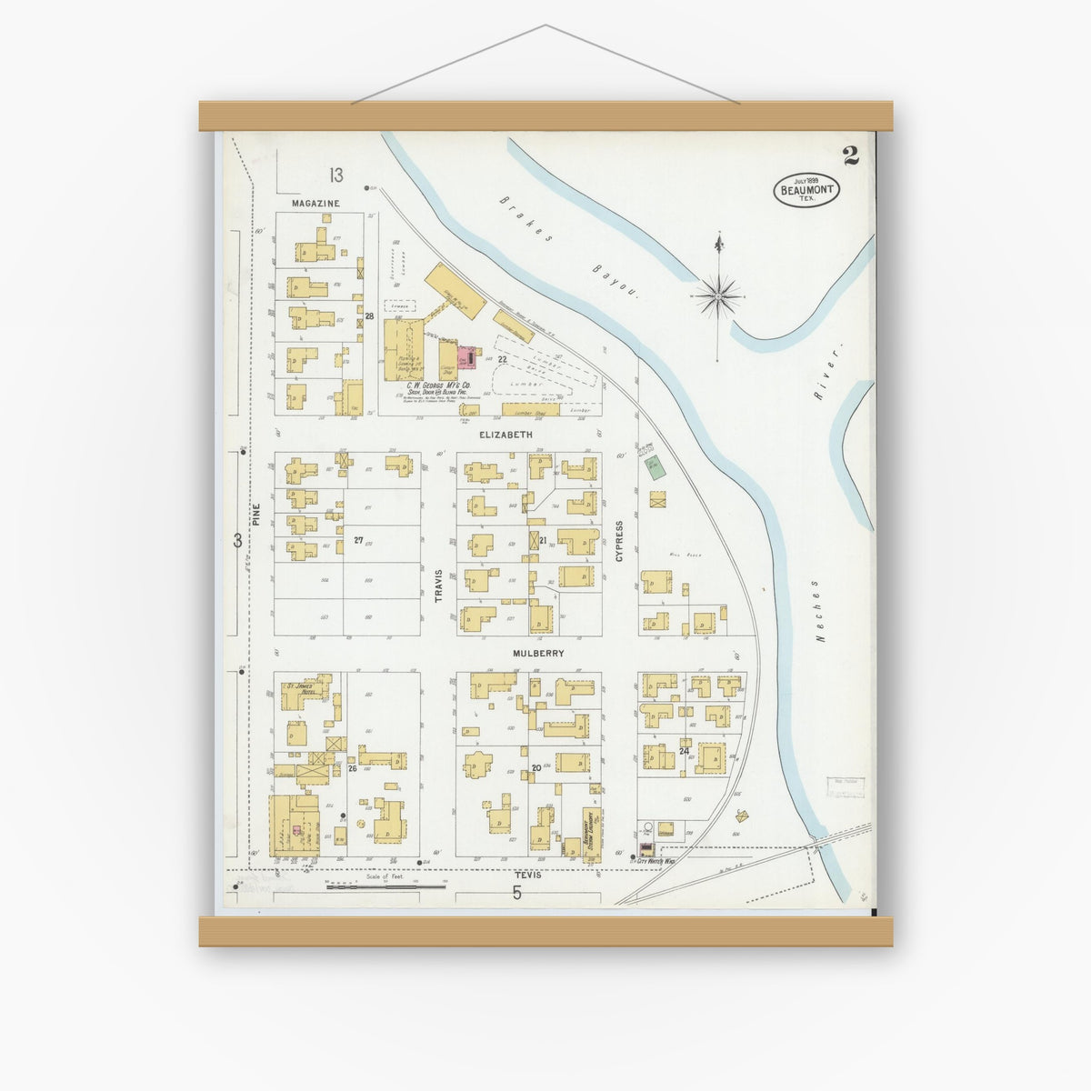 Old map wall art mockup — magnetic wood frame on white wall — Sanborn Fire Insurance Map from Beaumont, Jefferson County, Texas (1899), Sheet #0002