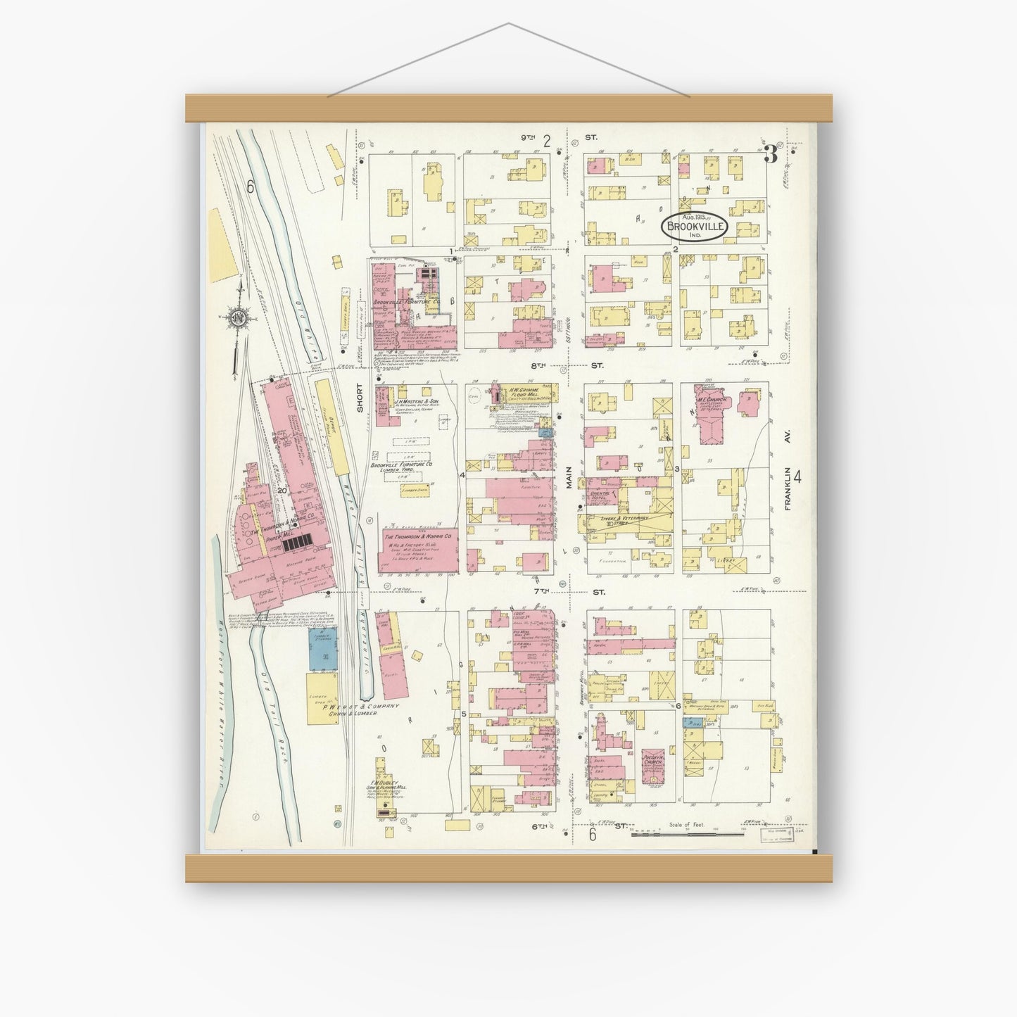 Old map wall art mockup — magnetic wood frame on white wall — Sanborn Fire Insurance Map from Brookville, Franklin County, Indiana (1913), Sheet #0003