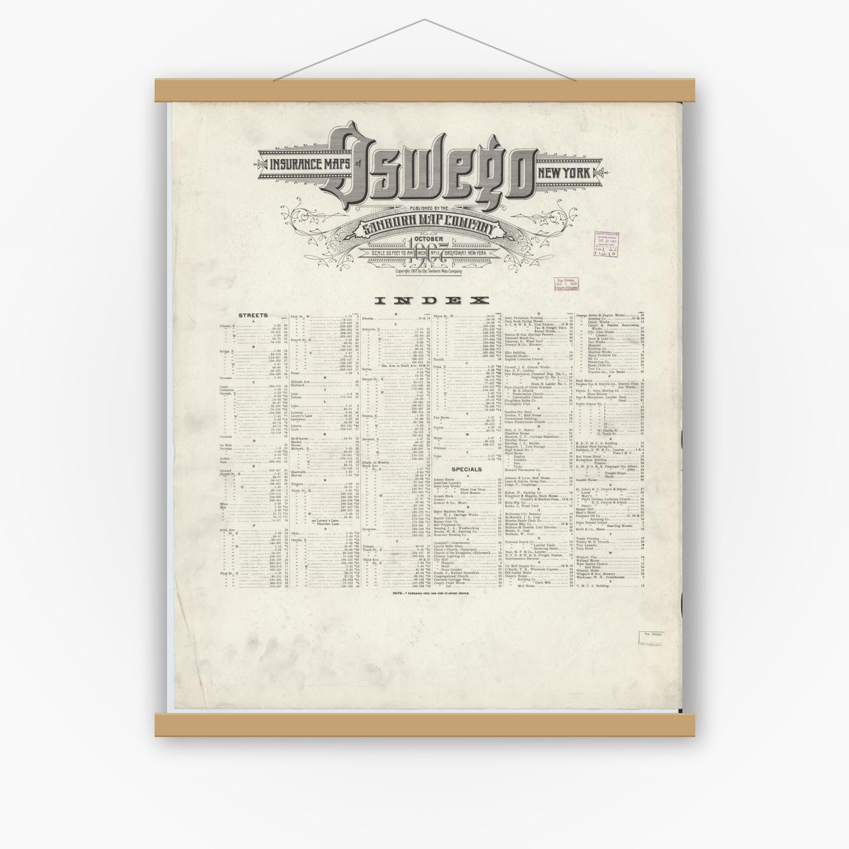 Old map wall art mockup — magnetic wood frame on white wall — Sanborn Fire Insurance Map from Oswego, Oswego County, New York (1907), Sheet #0001