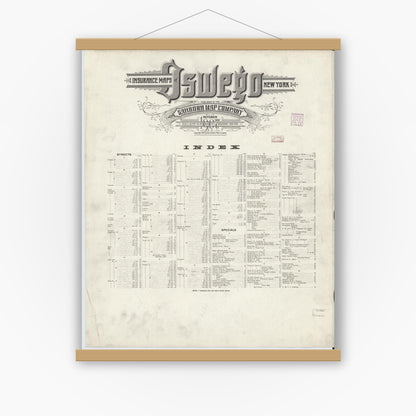 Old map wall art mockup — magnetic wood frame on white wall — Sanborn Fire Insurance Map from Oswego, Oswego County, New York (1907), Sheet #0001