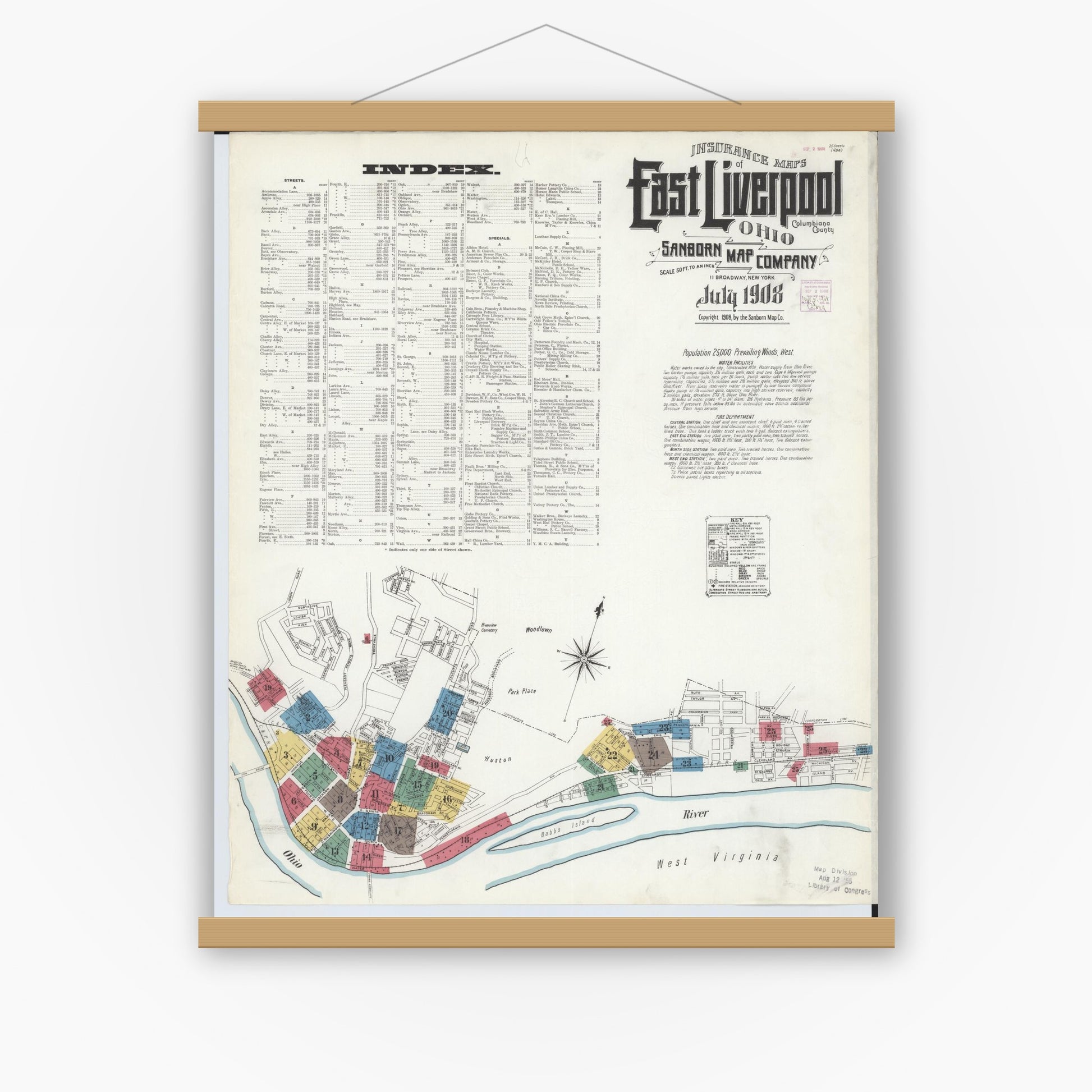 Old map wall art mockup — magnetic wood frame on white wall — Sanborn Fire Insurance Map from East Liverpool, Columbiana County, Ohio (1908) - Complete Map Set