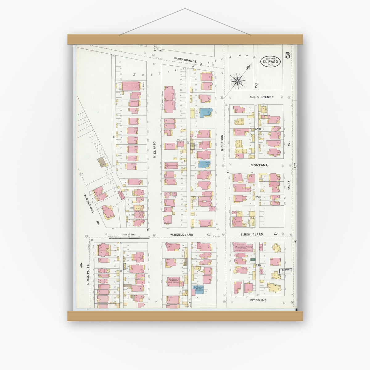Old map wall art mockup — magnetic wood frame on white wall — Sanborn Fire Insurance Map from El Paso, El Paso County, Texas (1905), Sheet #0005