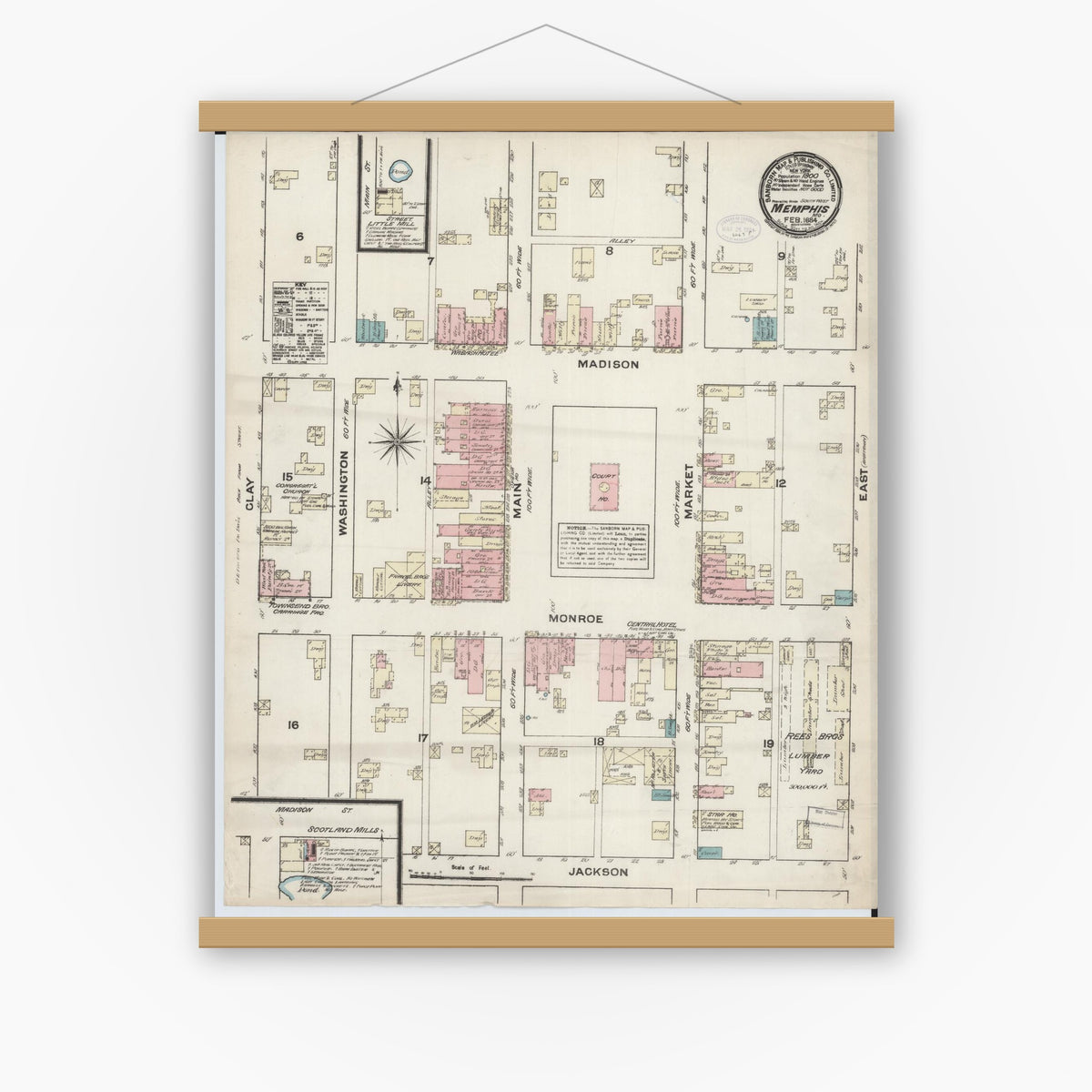 Old map wall art mockup — magnetic wood frame on white wall — Sanborn Fire Insurance Map from Memphis, Scotland County, Missouri (1884), Sheet #0001