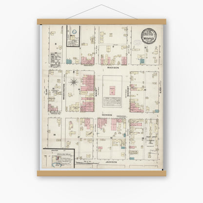 Old map wall art mockup — magnetic wood frame on white wall — Sanborn Fire Insurance Map from Memphis, Scotland County, Missouri (1884), Sheet #0001