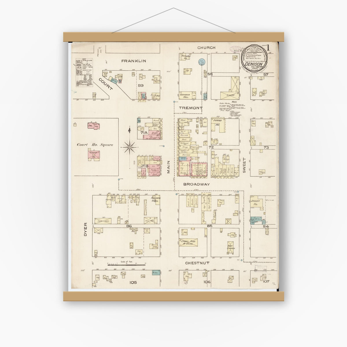 Old map wall art mockup — magnetic wood frame on white wall — Sanborn Fire Insurance Map from Denison, Crawford County, Iowa (1886) â€” Complete Set