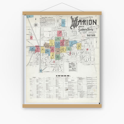 Old map wall art mockup — magnetic wood frame on white wall — Sanborn Fire Insurance Map from Marion, Marion County, Ohio (1900) - Complete Map Set