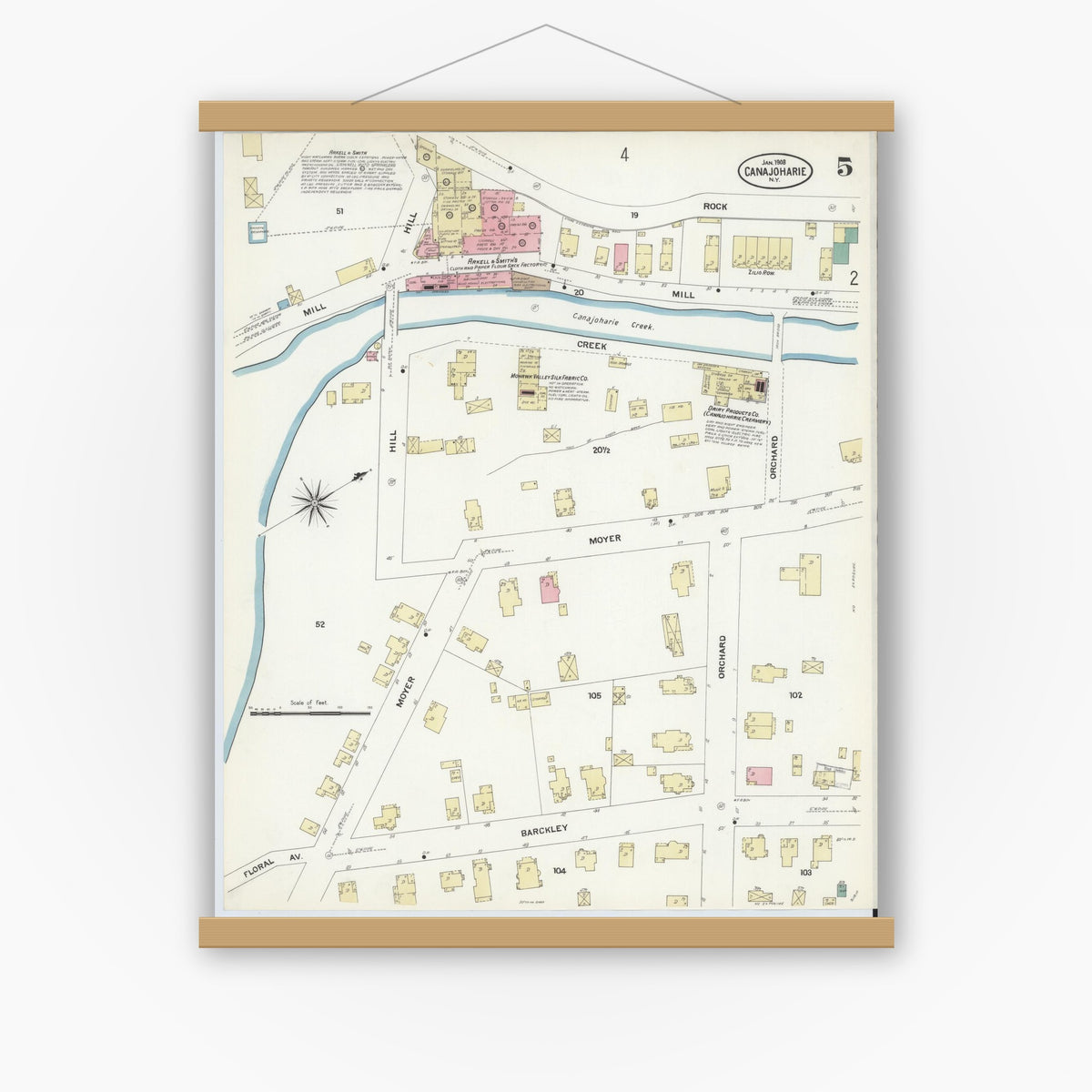 Old map wall art mockup — magnetic wood frame on white wall — Sanborn Fire Insurance Map from Canajoharie, Montgomery County, New York (1908), Sheet #0005