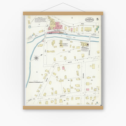Old map wall art mockup — magnetic wood frame on white wall — Sanborn Fire Insurance Map from Canajoharie, Montgomery County, New York (1908), Sheet #0005