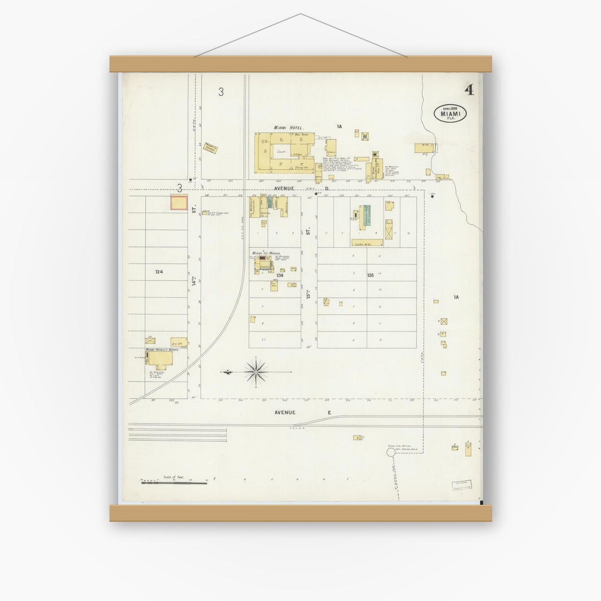 Old map wall art mockup — magnetic wood frame on white wall — Sanborn Fire Insurance Map from Miami, Dade County, Florida (1899), Sheet #0004