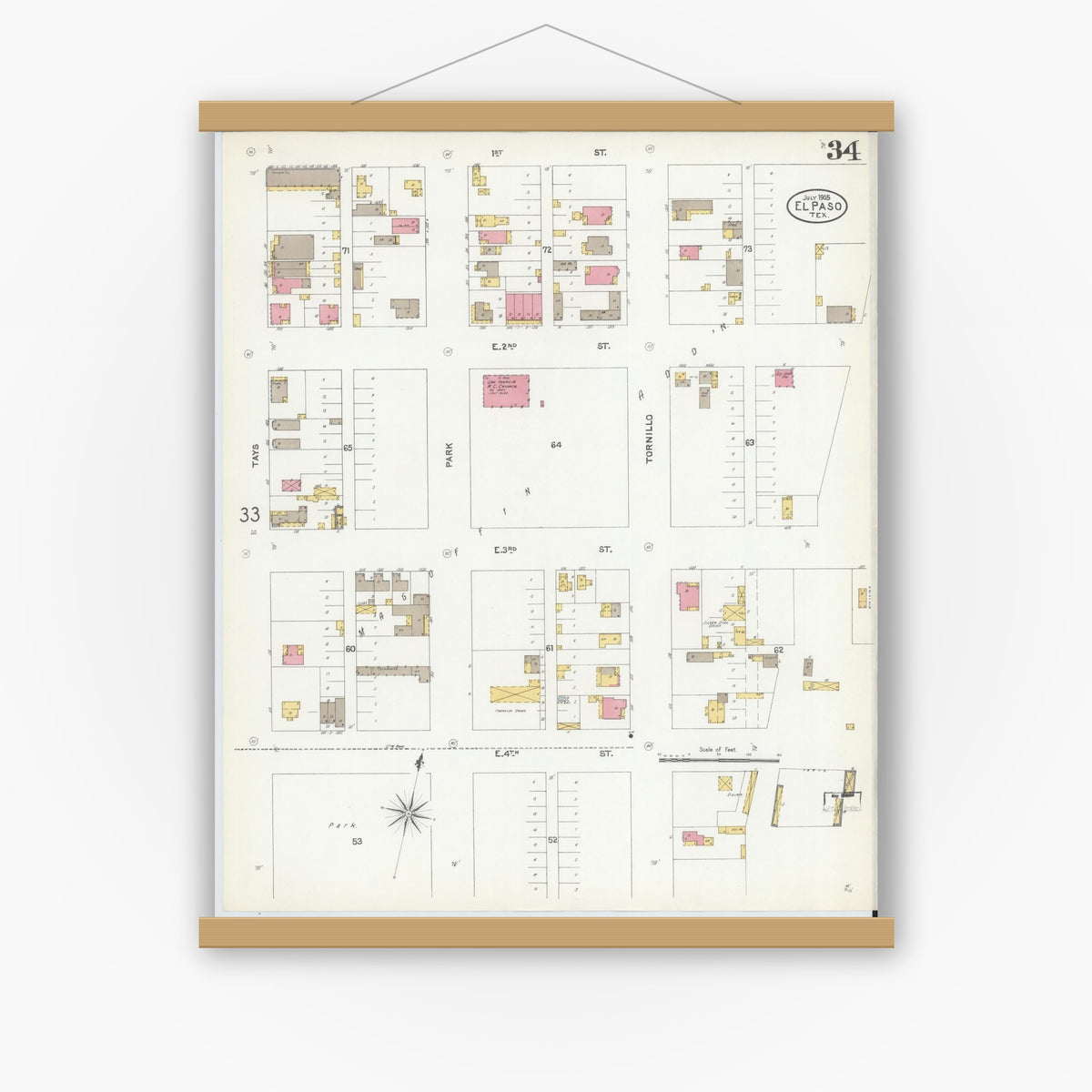 Old map wall art mockup — magnetic wood frame on white wall — Sanborn Fire Insurance Map from El Paso, El Paso County, Texas (1905), Sheet #0034