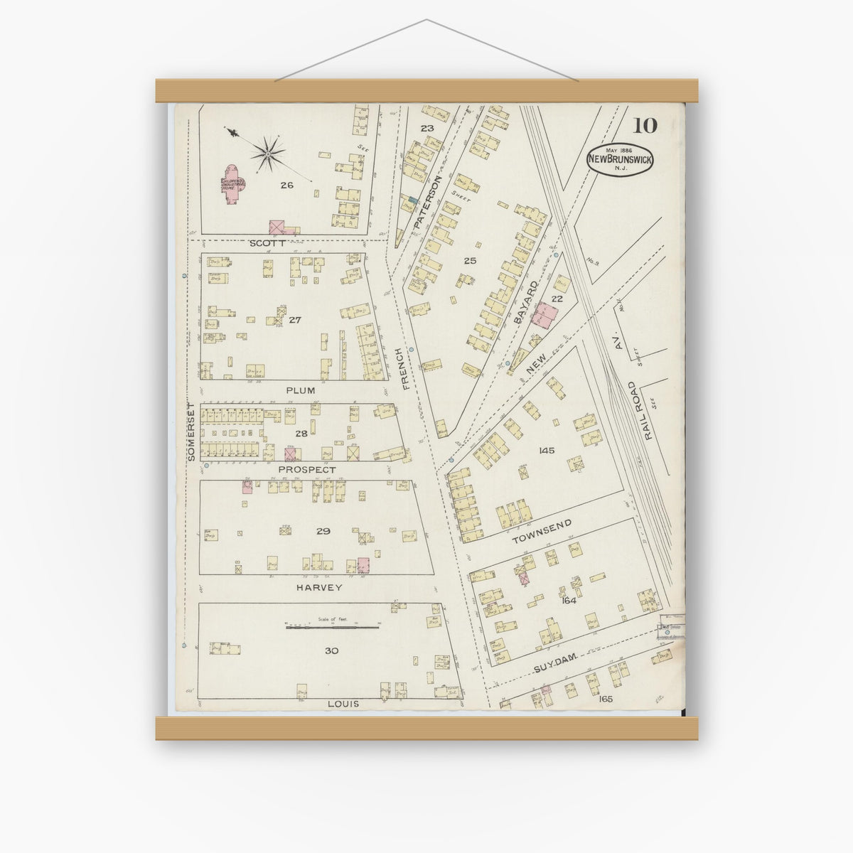 Old map wall art mockup — magnetic wood frame on white wall — Sanborn Fire Insurance Map from New Brunswick, Middlesex County, New Jersey (1886), Sheet #0010