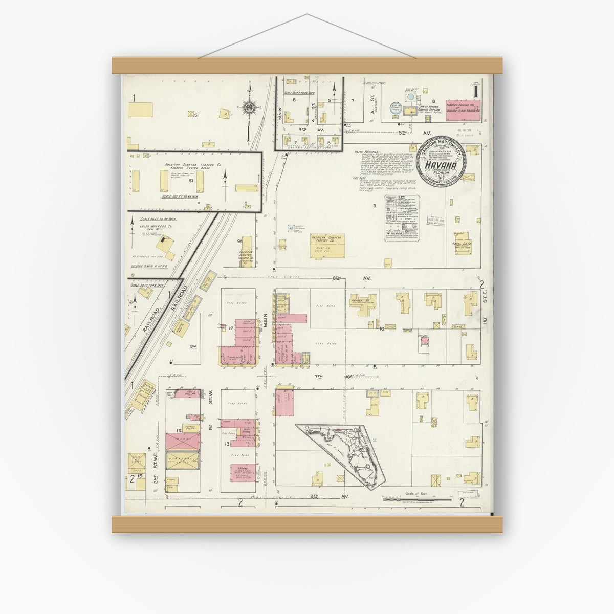Old map wall art mockup — magnetic wood frame on white wall — Sanborn Fire Insurance Map from Havana, Gadsden County, Florida (1917), Sheet #0001